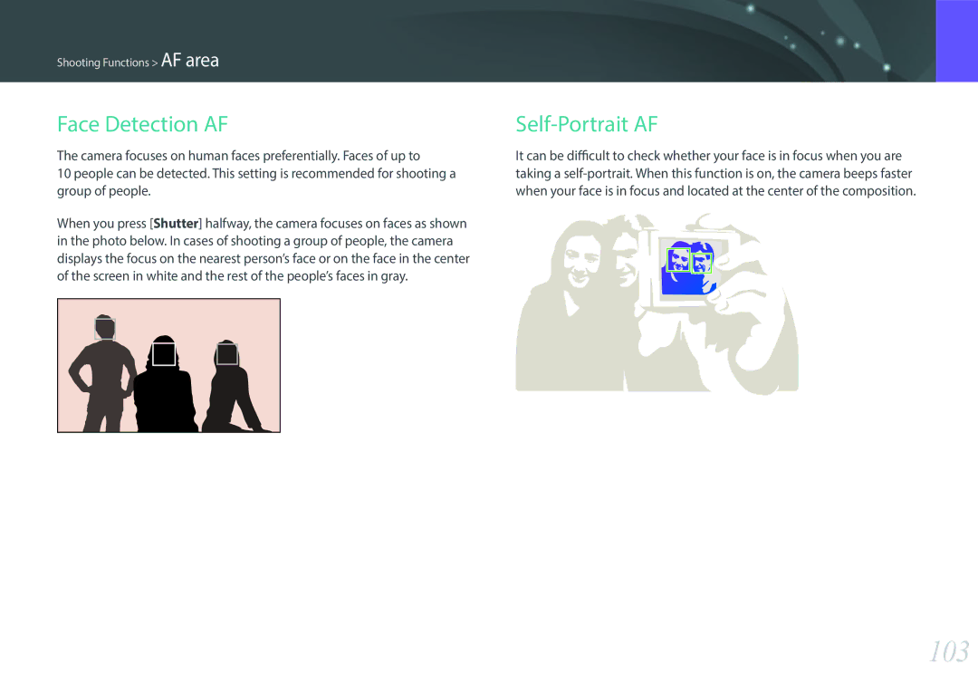 Samsung NX1 user manual 103, Face Detection AF, Self-Portrait AF 