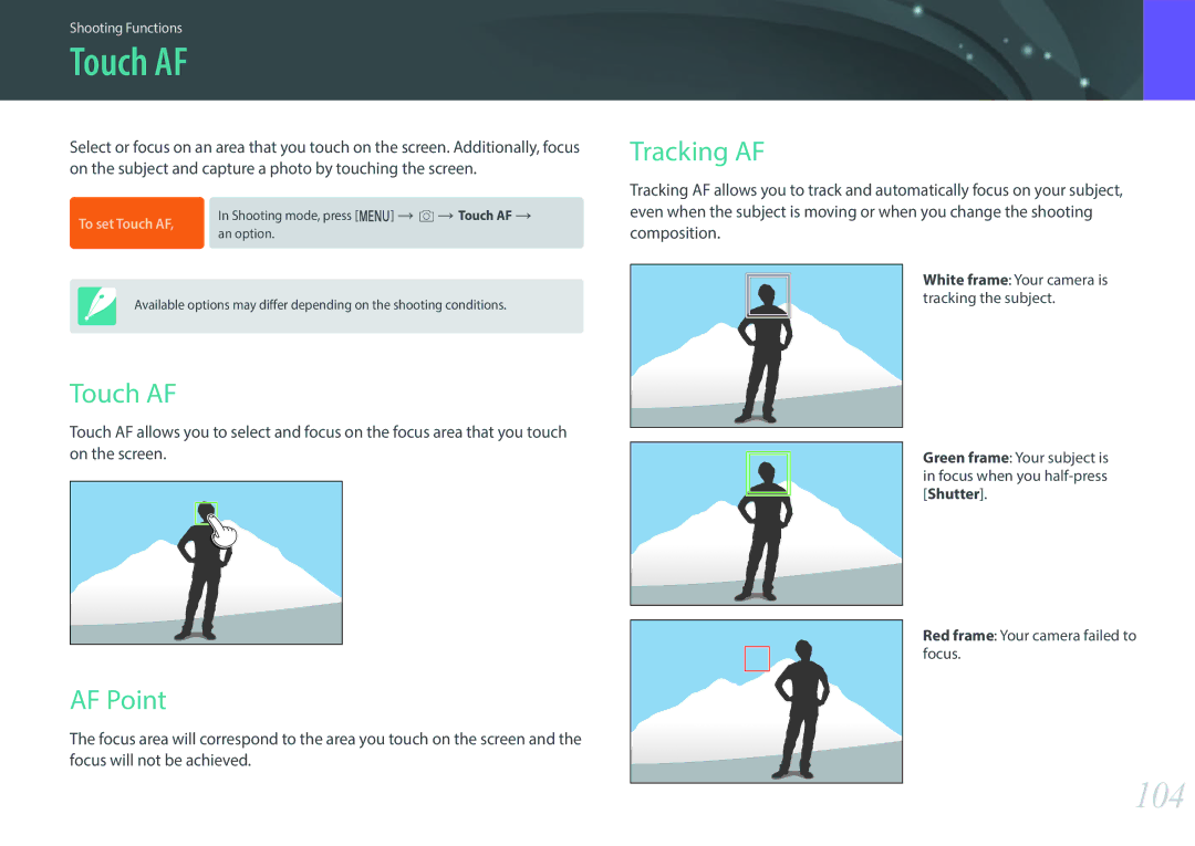 Samsung NX1 user manual Touch AF, 104, Tracking AF, AF Point 