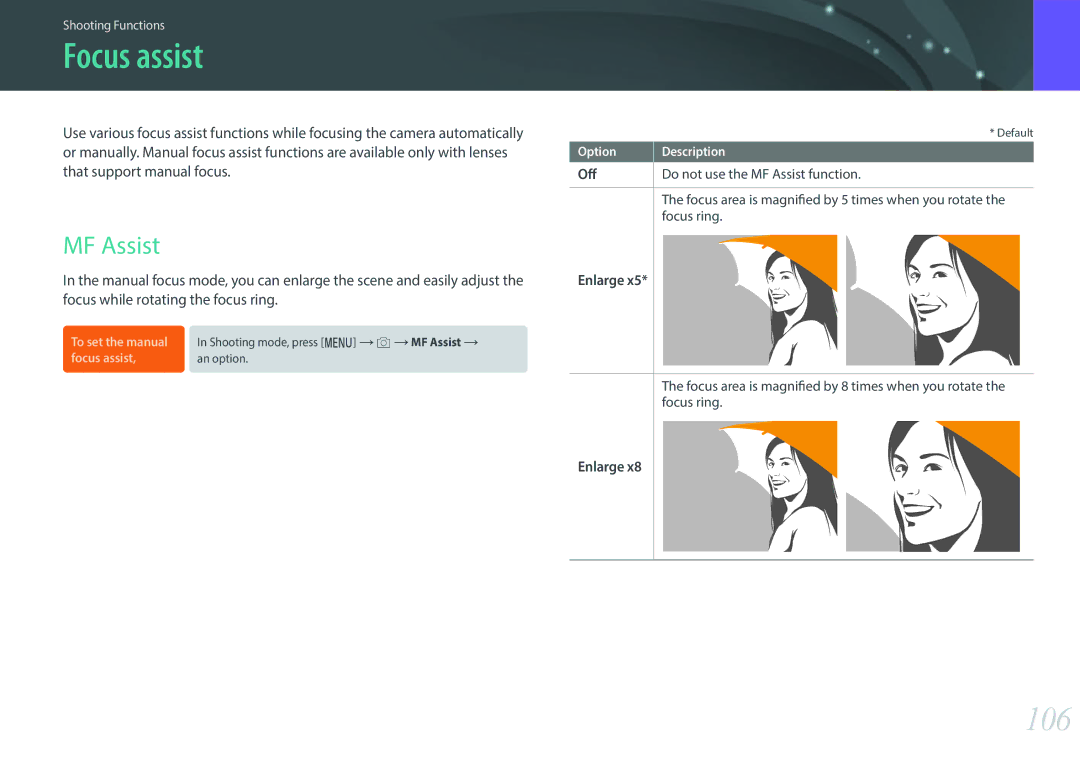 Samsung NX1 user manual Focus assist, 106, MF Assist, Enlarge 