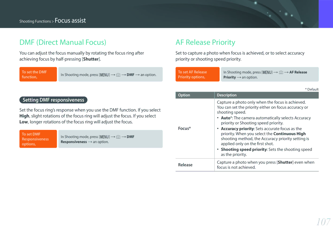 Samsung NX1 user manual 107, DMF Direct Manual Focus, AF Release Priority, Setting DMF responsiveness 