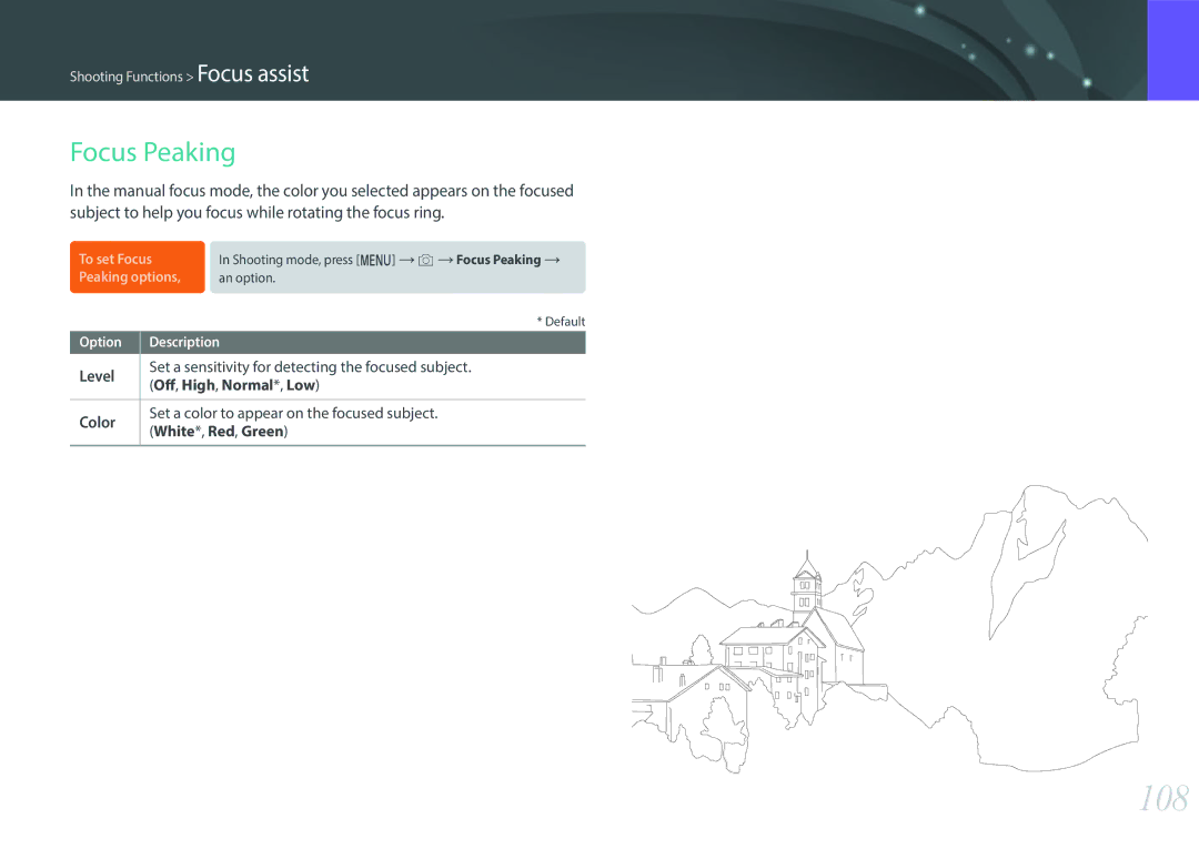 Samsung NX1 user manual 108, Focus Peaking 