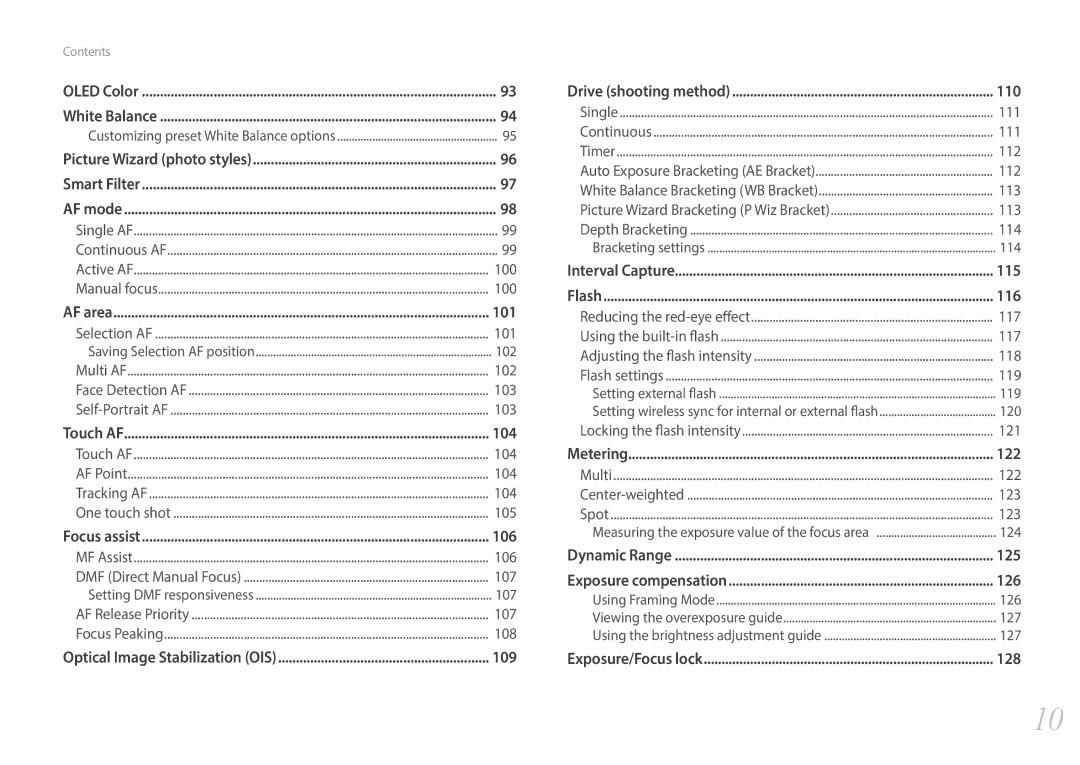 Samsung NX1 user manual 101, 104, 106, 109, 110, 115, 116, 122, 125, 126, 128 