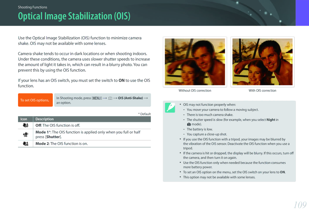 Samsung NX1 user manual Optical Image Stabilization OIS, 109 