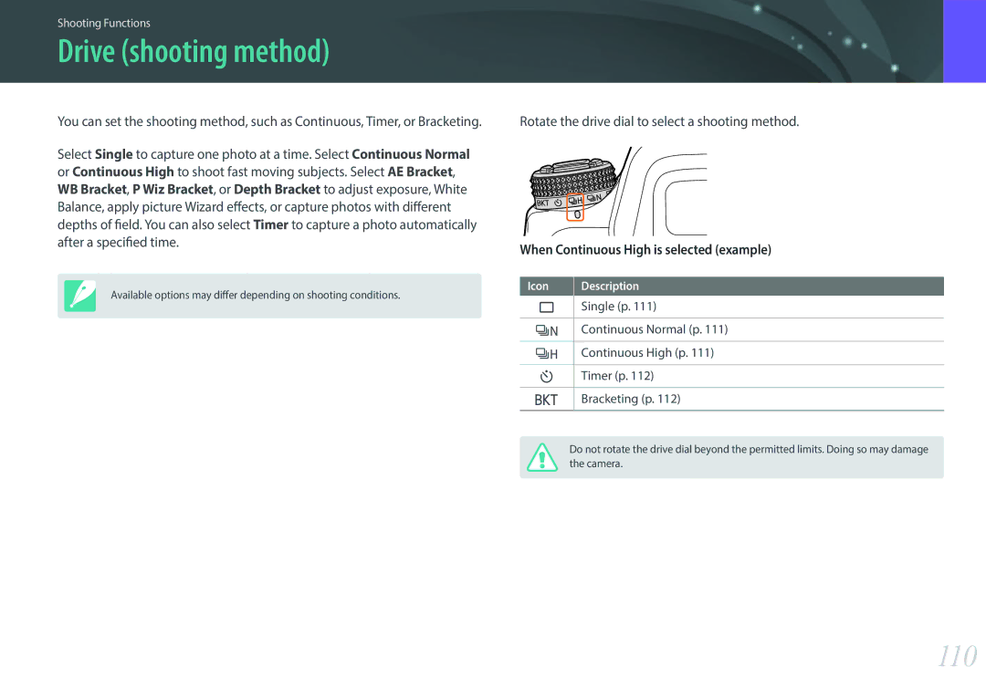 Samsung NX1 user manual Drive shooting method, 110, Rotate the drive dial to select a shooting method 