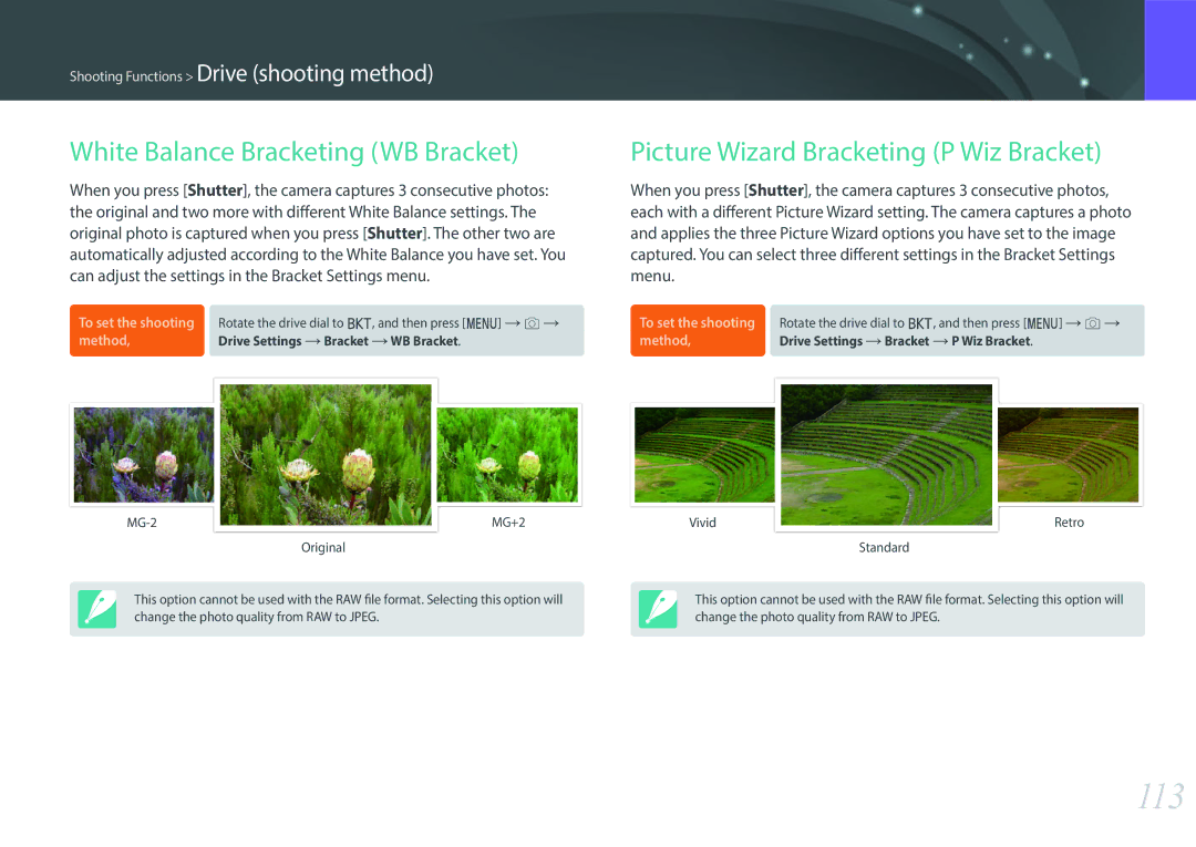 Samsung NX1 user manual 113, White Balance Bracketing WB Bracket, Picture Wizard Bracketing P Wiz Bracket 