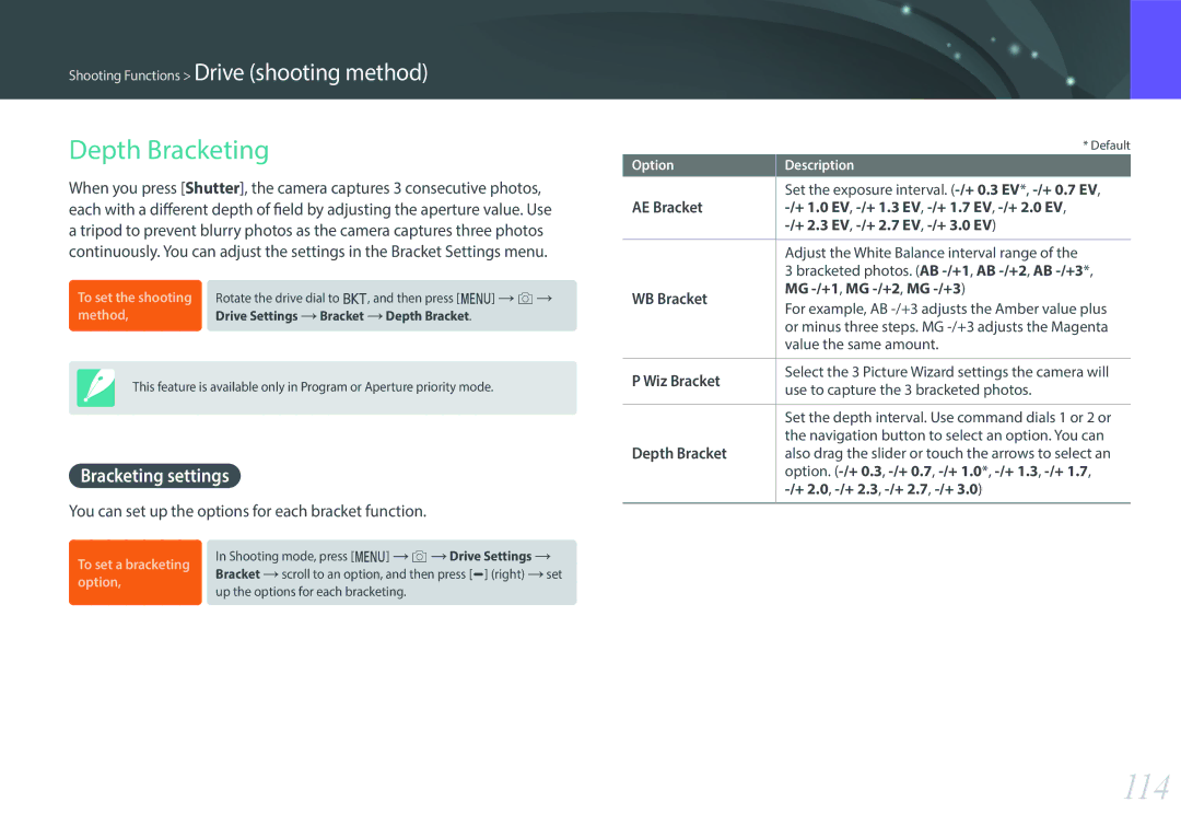 Samsung NX1 user manual 114, Bracketing settings, You can set up the options for each bracket function 