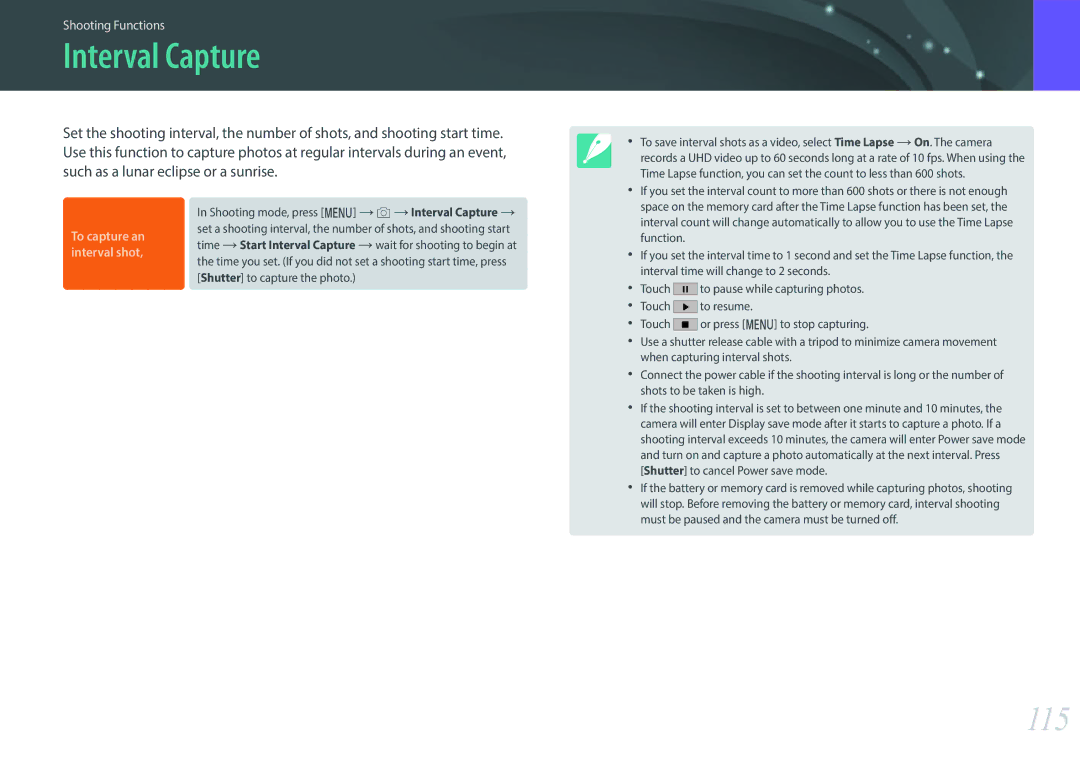 Samsung NX1 user manual Interval Capture, 115 