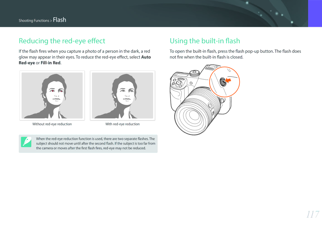 Samsung NX1 117, Reducing the red-eye effect Using the built-in flash, Not fire when the built-in flash is closed 