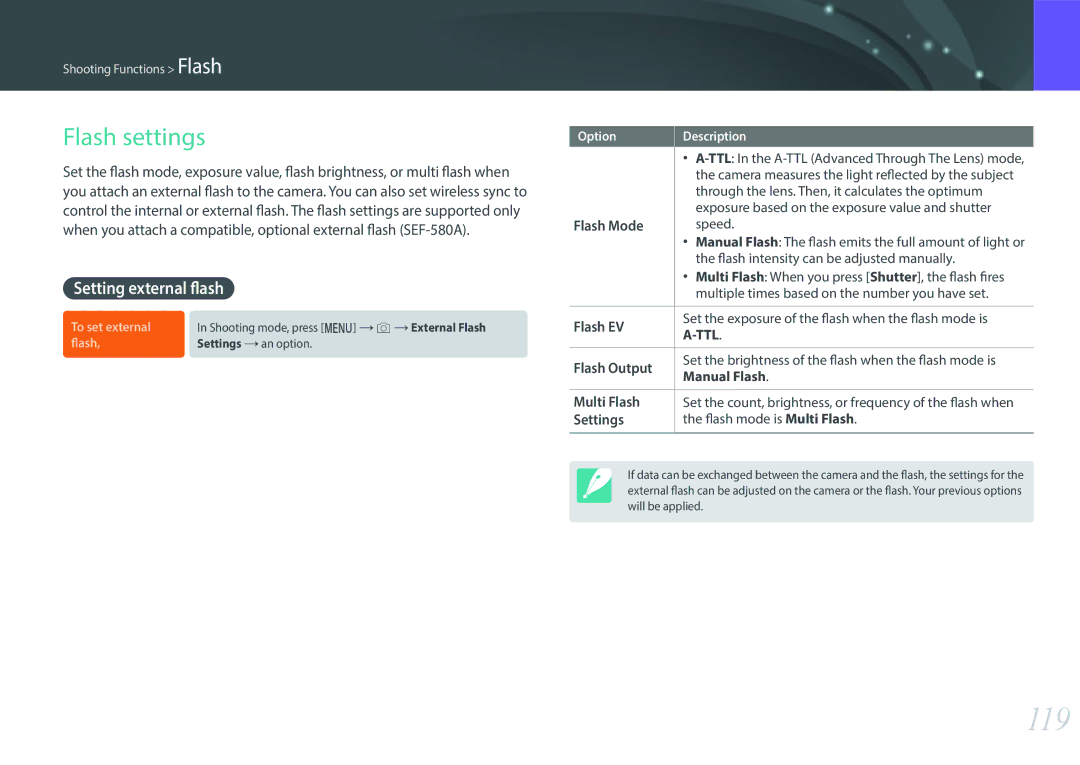 Samsung NX1 user manual 119, Flash settings, Setting external flash 