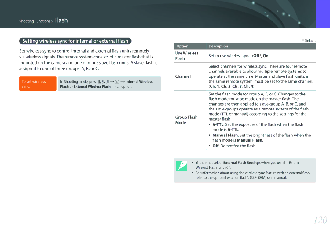 Samsung NX1 user manual 120, Setting wireless sync for internal or external flash 