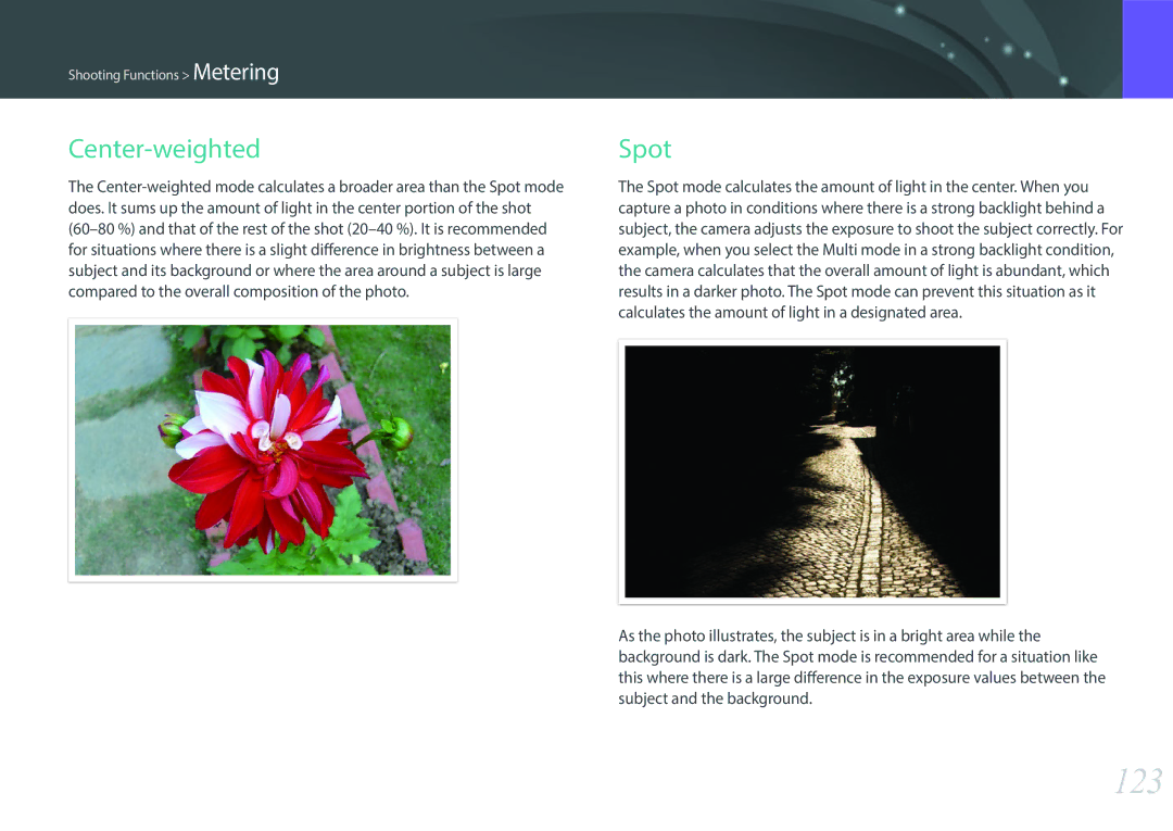 Samsung NX1 user manual 123, Center-weighted, Spot 