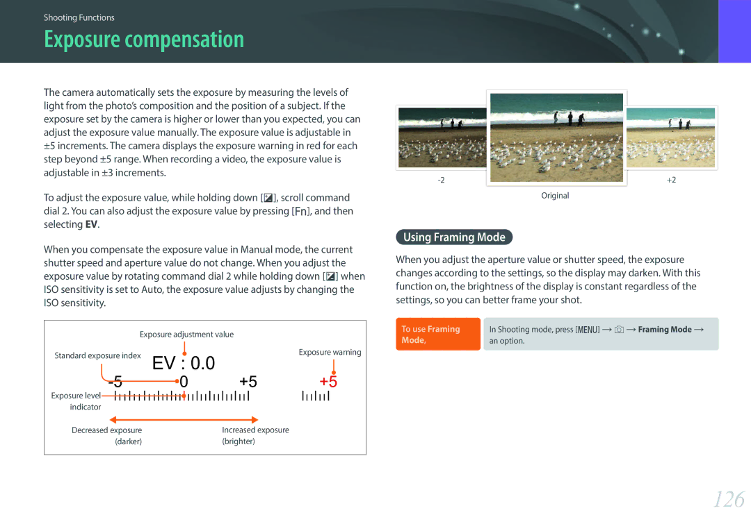 Samsung NX1 user manual Exposure compensation, 126, Using Framing Mode 