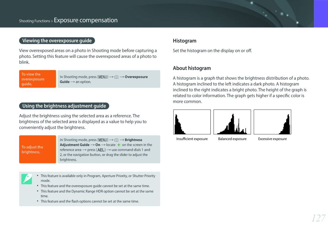 Samsung NX1 127, Histogram, About histogram, Viewing the overexposure guide, Using the brightness adjustment guide 