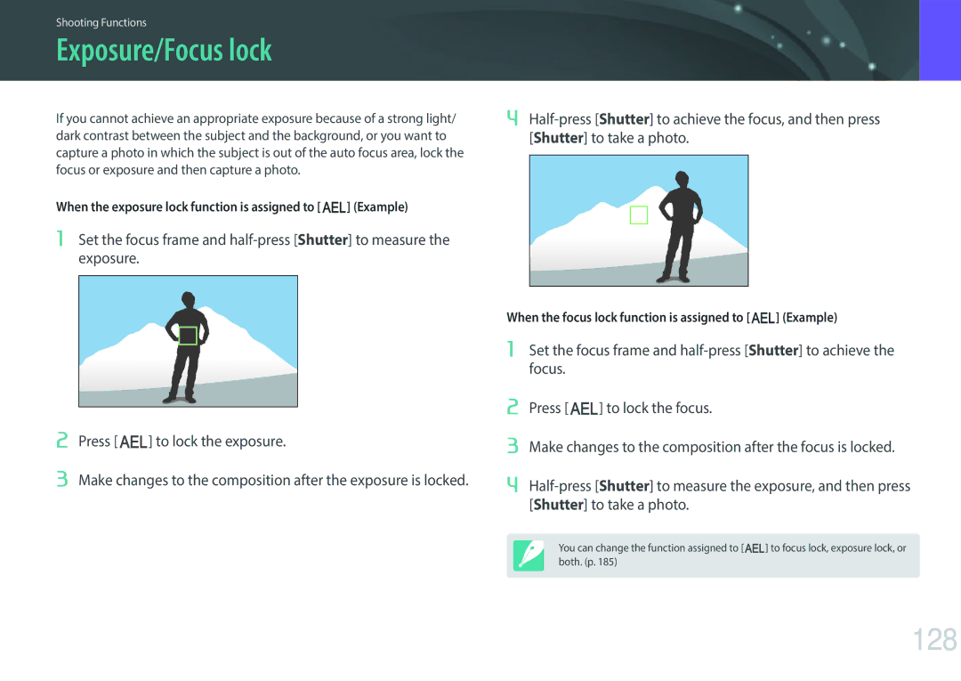 Samsung NX1 user manual Exposure/Focus lock, 128 