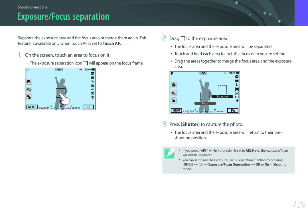 Samsung NX1 Exposure/Focus separation, 129, On the screen, touch an area to focus on it, Drag to the exposure area 