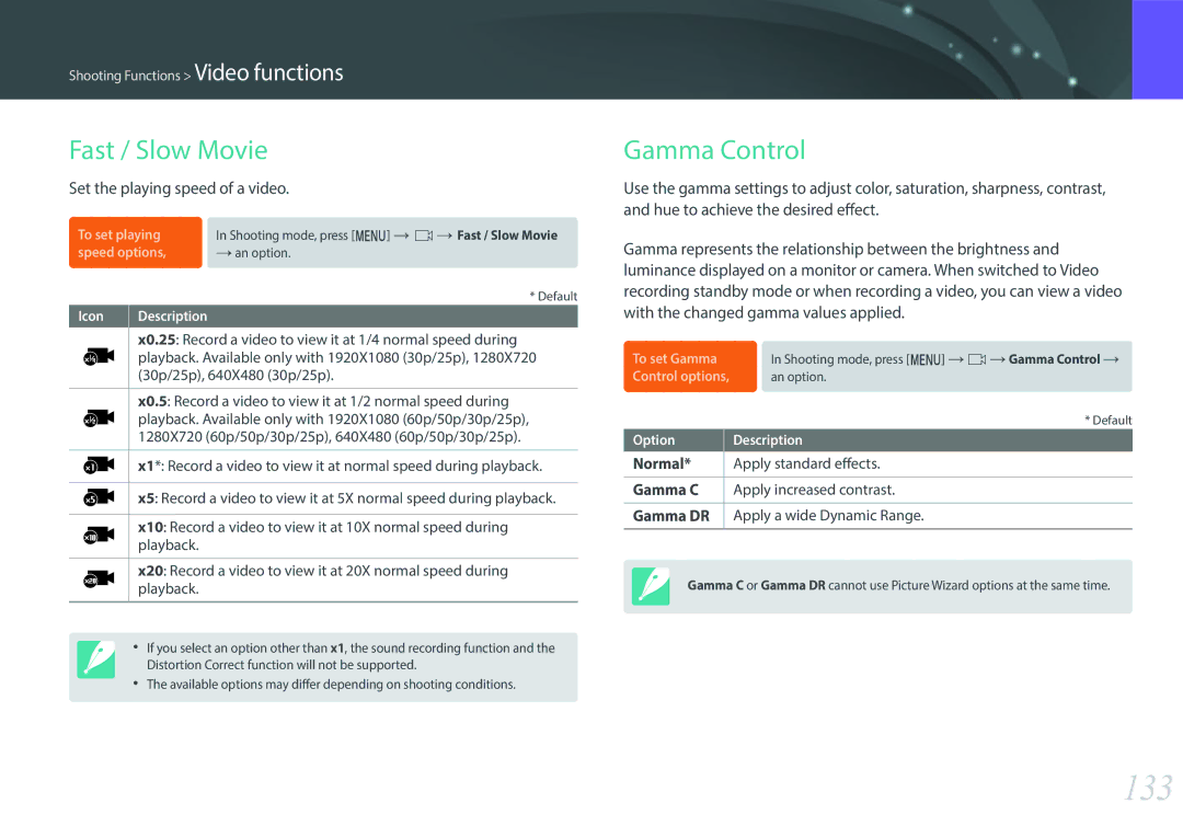 Samsung NX1 user manual 133, Fast / Slow Movie, Gamma Control, Set the playing speed of a video 