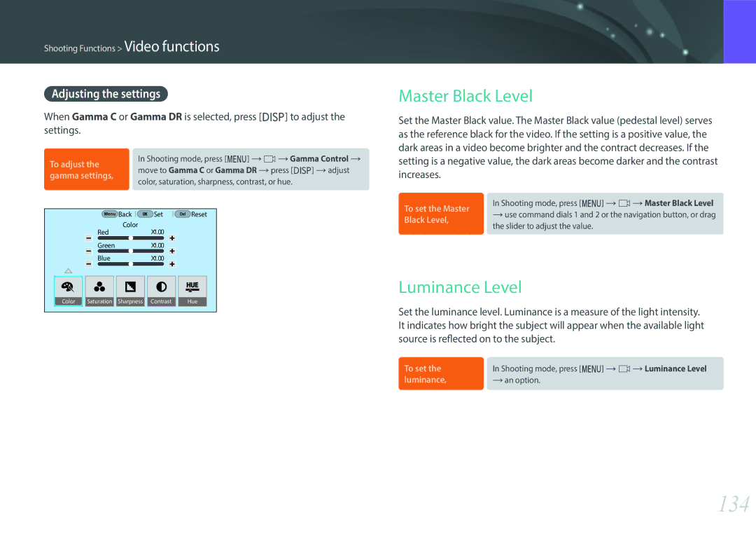 Samsung NX1 user manual 134, Master Black Level, Luminance Level, Adjusting the settings 