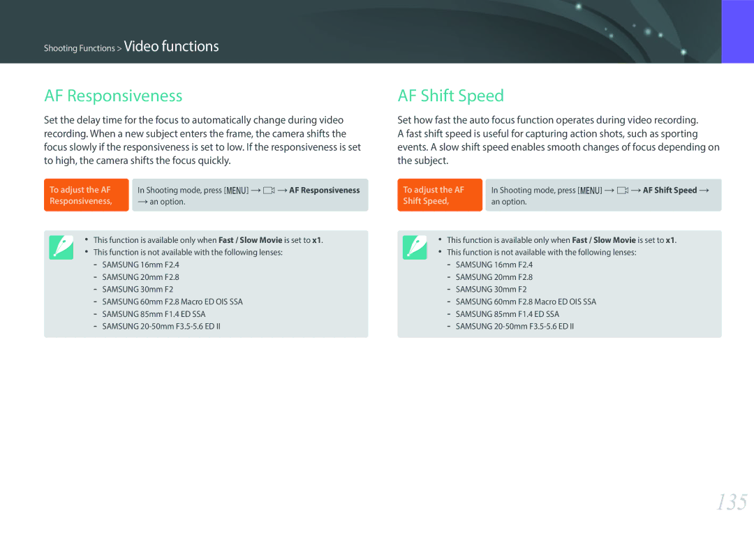 Samsung NX1 user manual 135, AF Responsiveness 