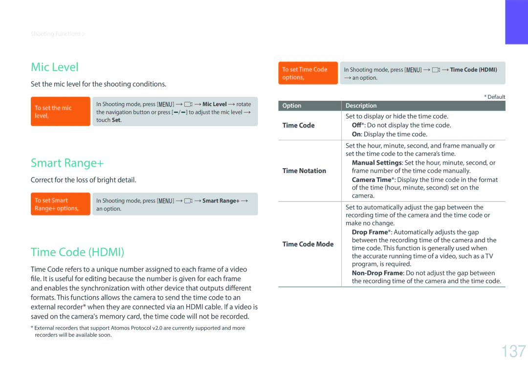 Samsung NX1 user manual 137, Mic Level, Smart Range+, Time Code Hdmi 