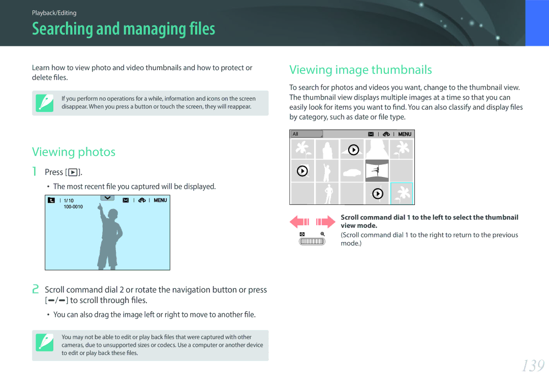 Samsung NX1 user manual 139, Viewing photos, Viewing image thumbnails, Press y 