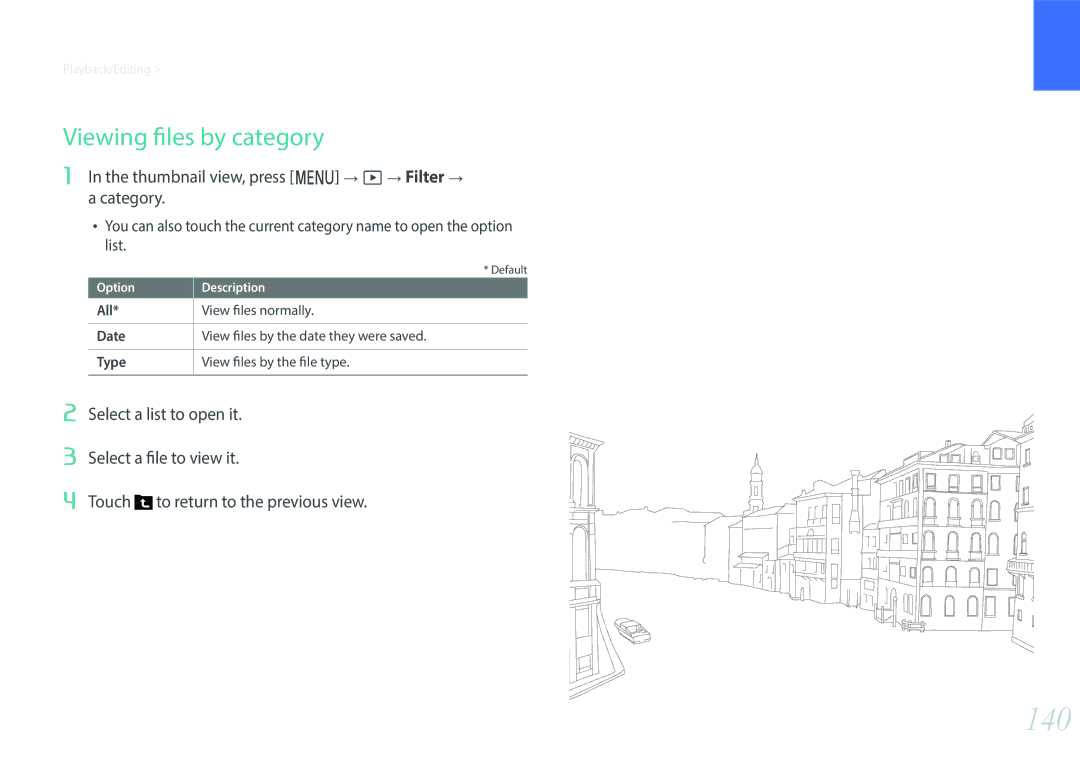 Samsung NX1 user manual 140, Viewing files by category, Thumbnail view, press m z Filter  Category 