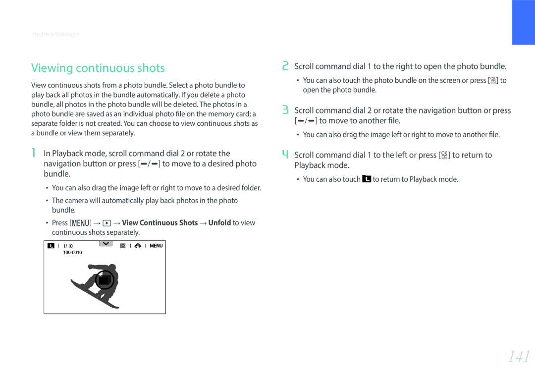 Samsung NX1 user manual 141, Viewing continuous shots, Scroll command dial 1 to the right to open the photo bundle 