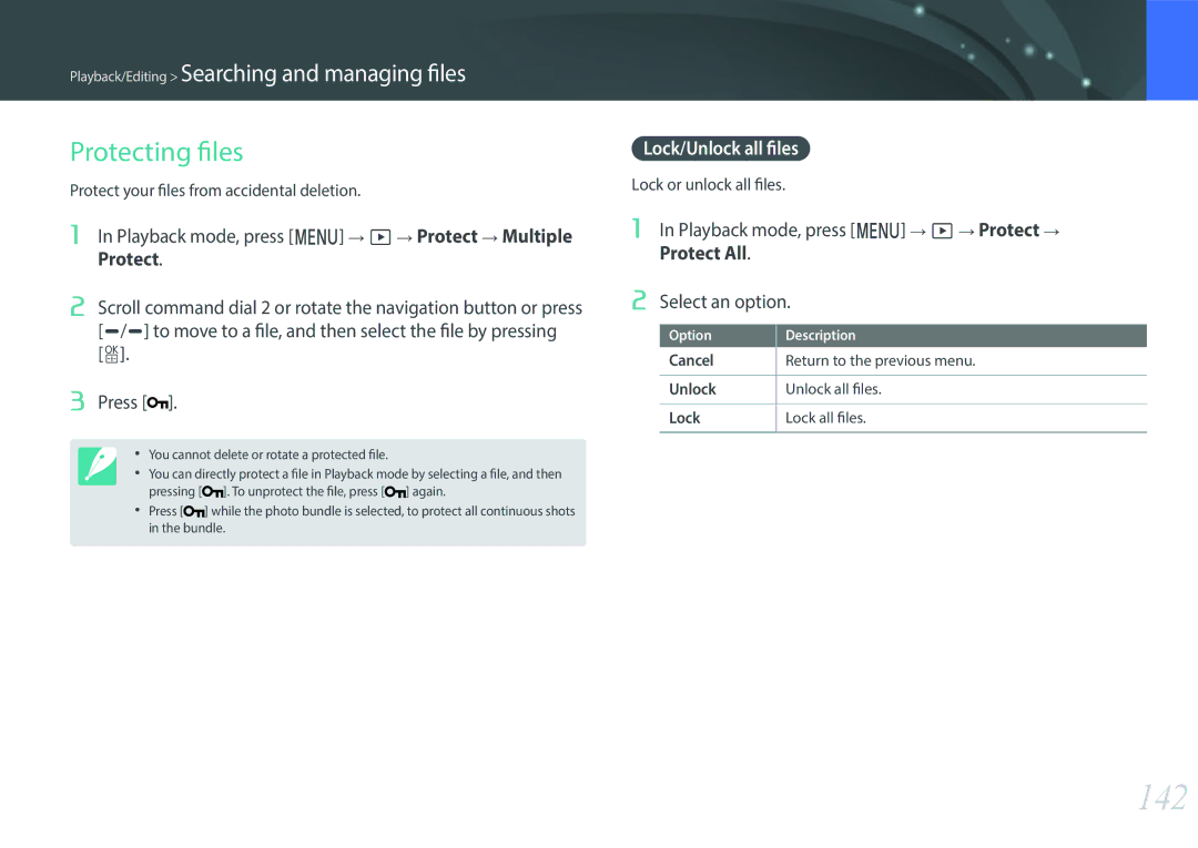 Samsung NX1 user manual 142, Protecting files, Lock/Unlock all files, Protect your files from accidental deletion 