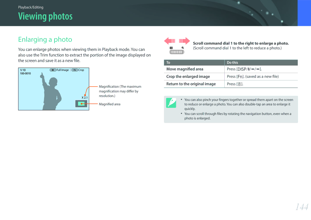 Samsung NX1 user manual Viewing photos, 144, Enlarging a photo 