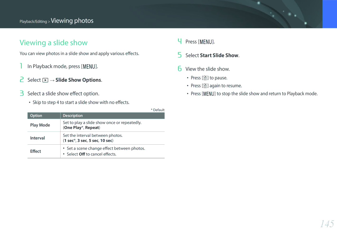 Samsung NX1 user manual 145, Viewing a slide show, Select a slide show effect option, Press m, View the slide show 