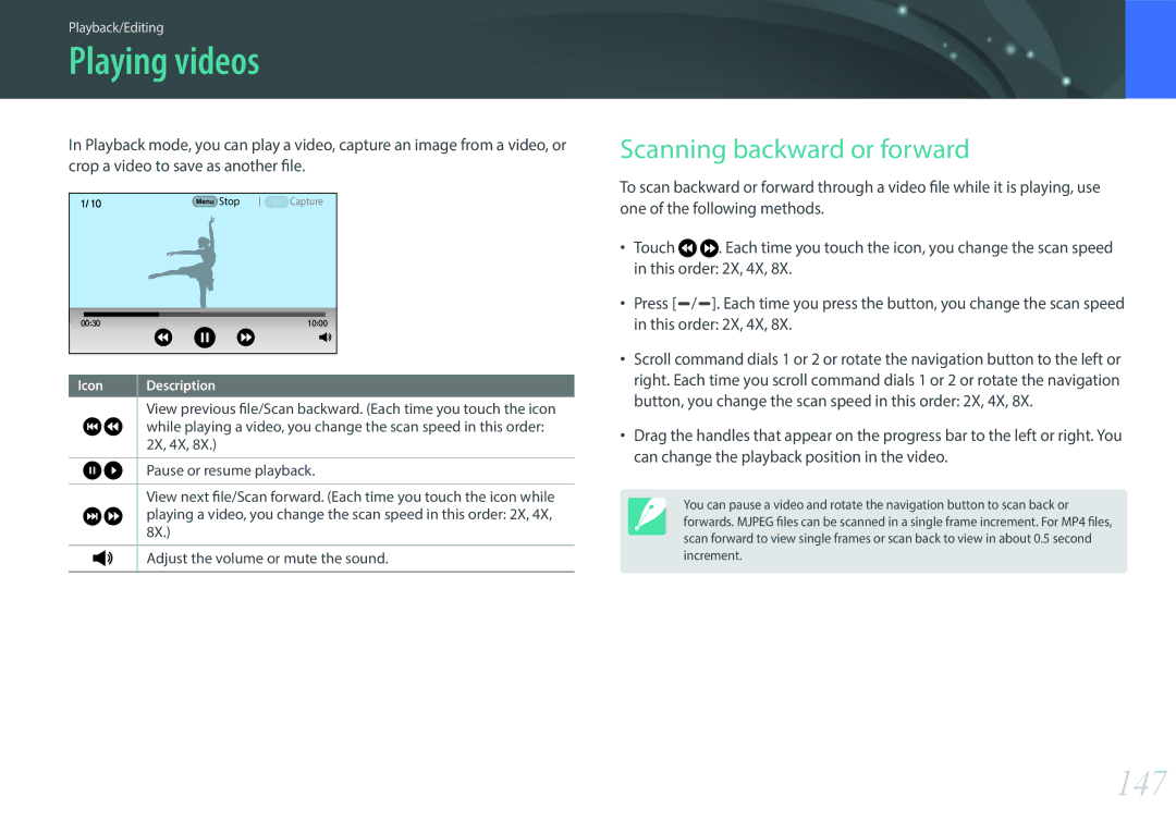 Samsung NX1 user manual Playing videos, 147, Scanning backward or forward 