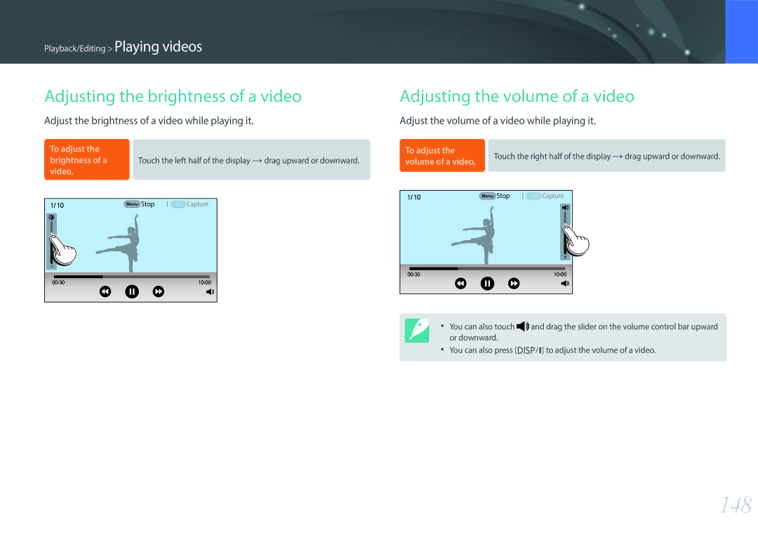 Samsung NX1 user manual 148, Adjusting the brightness of a video, Adjusting the volume of a video 