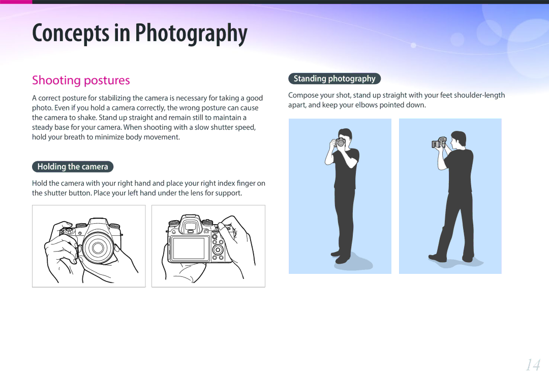 Samsung NX1 user manual Holding the camera, Standing photography 