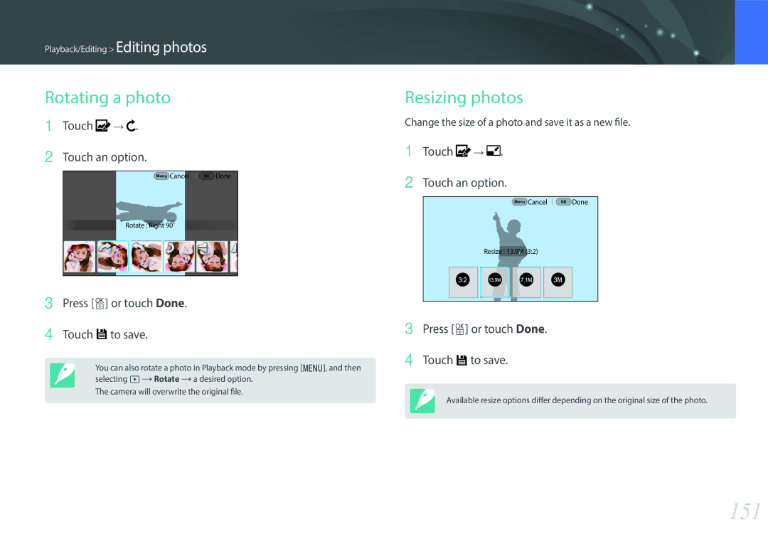 Samsung NX1 user manual 151, Rotating a photo, Resizing photos, Touch Touch an option, Press o or touch Done Touch to save 