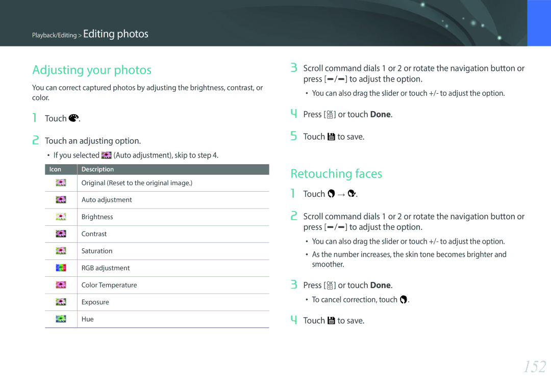 Samsung NX1 user manual 152, Touch Touch an adjusting option 