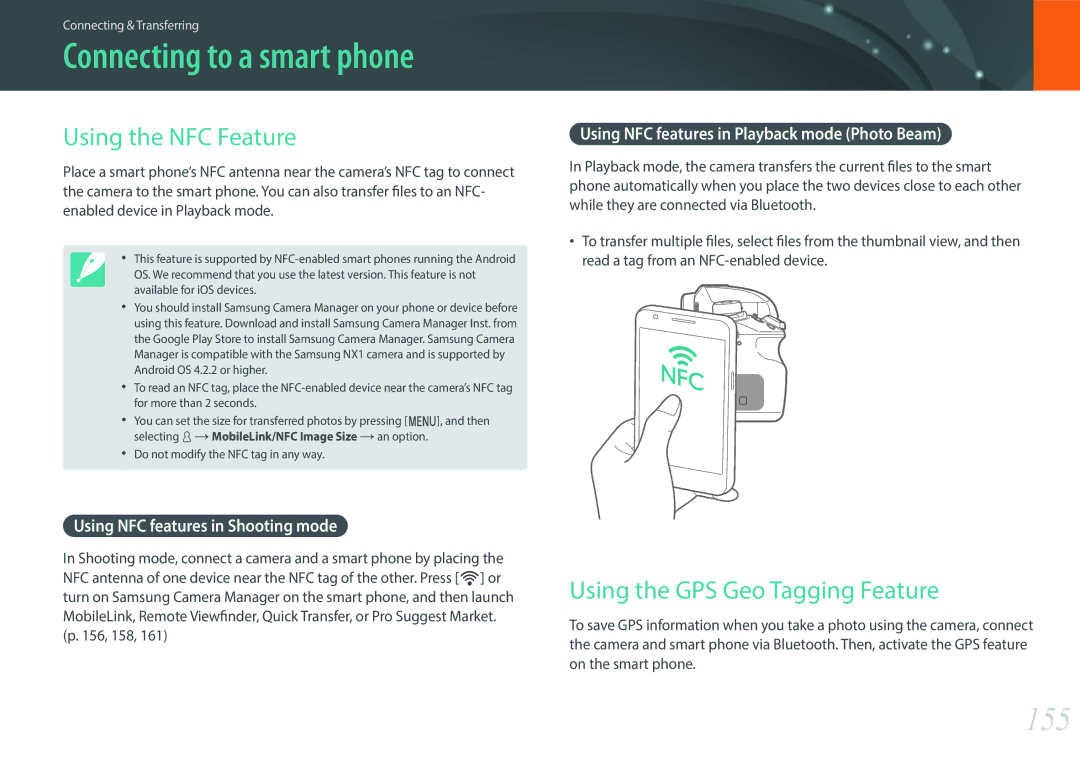 Samsung NX1 user manual Connecting to a smart phone, 155, Using the NFC Feature, Using the GPS Geo Tagging Feature 