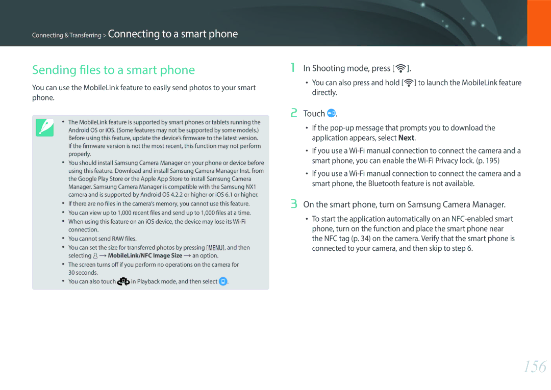 Samsung NX1 user manual 156, Sending files to a smart phone, Shooting mode, press R, Touch 