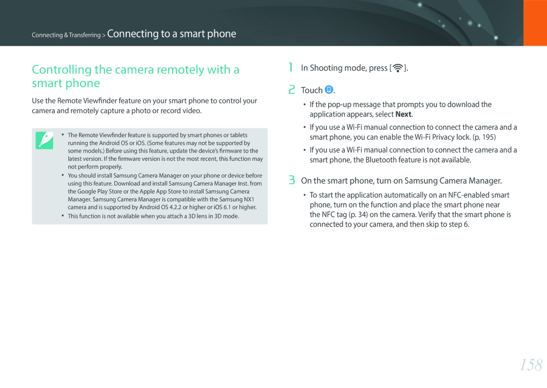 Samsung NX1 user manual 158, Controlling the camera remotely with a smart phone, Shooting mode, press R Touch 