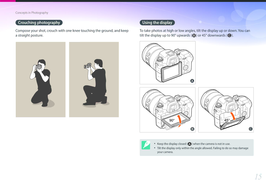 Samsung NX1 user manual Crouching photography Using the display 