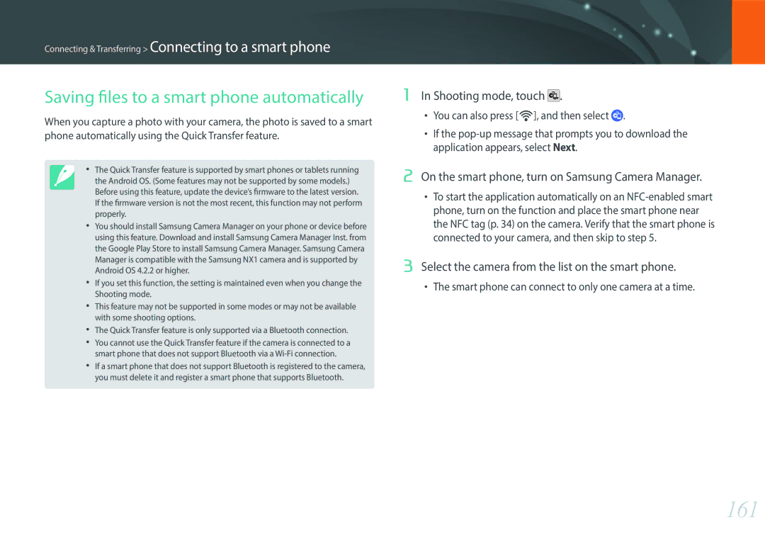 Samsung NX1 user manual 161, Saving files to a smart phone automatically, Shooting mode, touch 