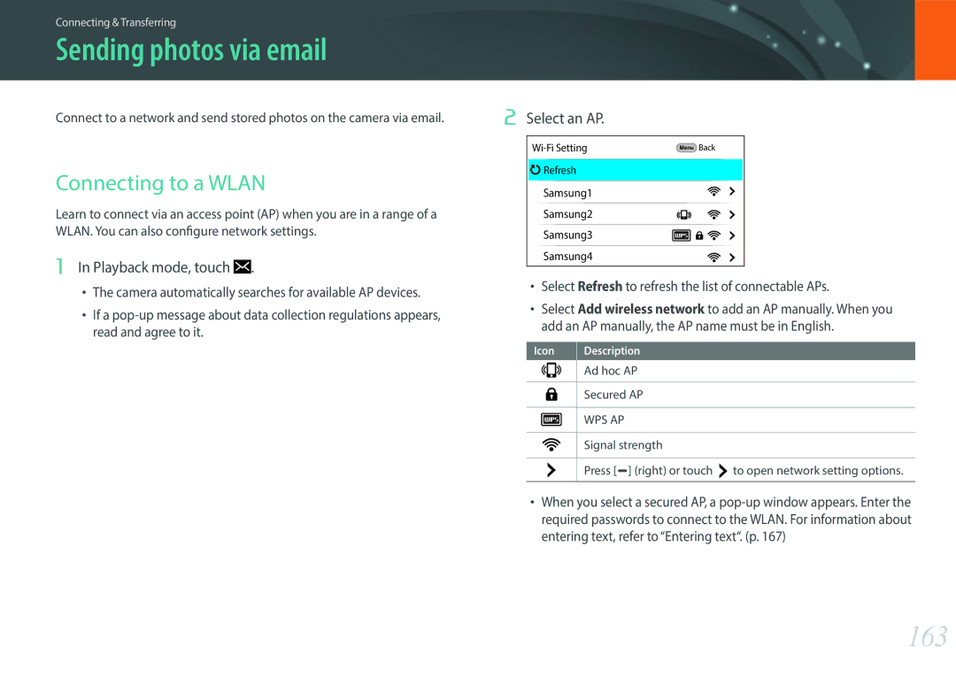 Samsung NX1 user manual Sending photos via email, 163, Connecting to a Wlan, Playback mode, touch, Select an AP 