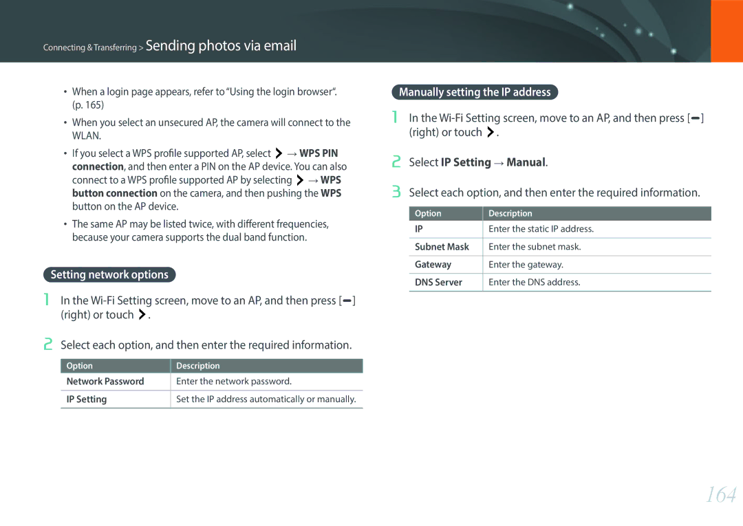 Samsung NX1 user manual 164, Setting network options, Manually setting the IP address, Enter the static IP address 