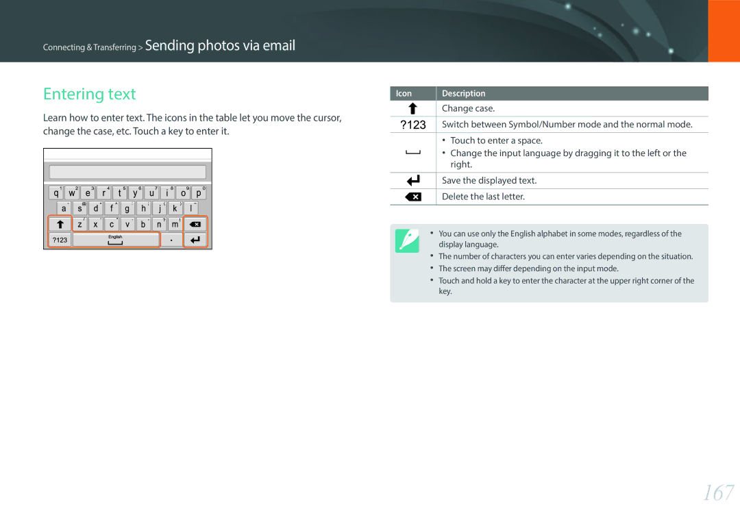 Samsung NX1 user manual 167, Entering text, Change the case, etc. Touch a key to enter it 