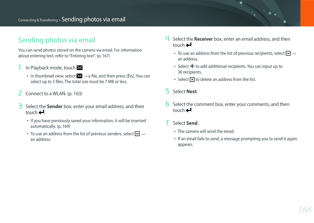 Samsung NX1 user manual 168, Sending photos via email 