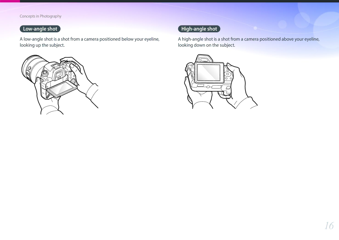 Samsung NX1 user manual Looking up the subject Looking down on the subject 