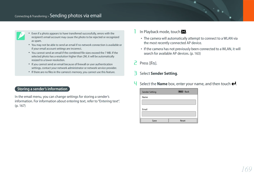 Samsung NX1 user manual 169, Storing a sender’s information, Press f, Select the Name box, enter your name, and then touch 