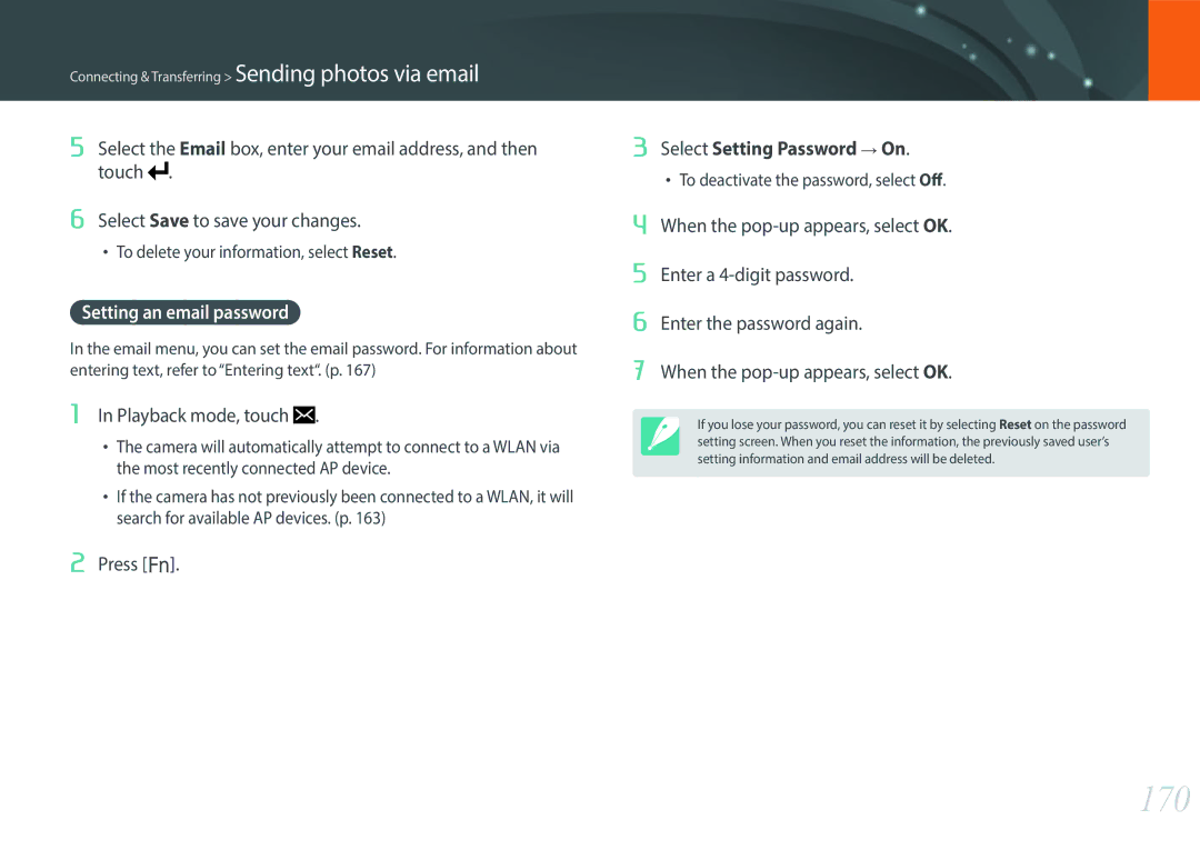 Samsung NX1 user manual 170, Setting an email password 