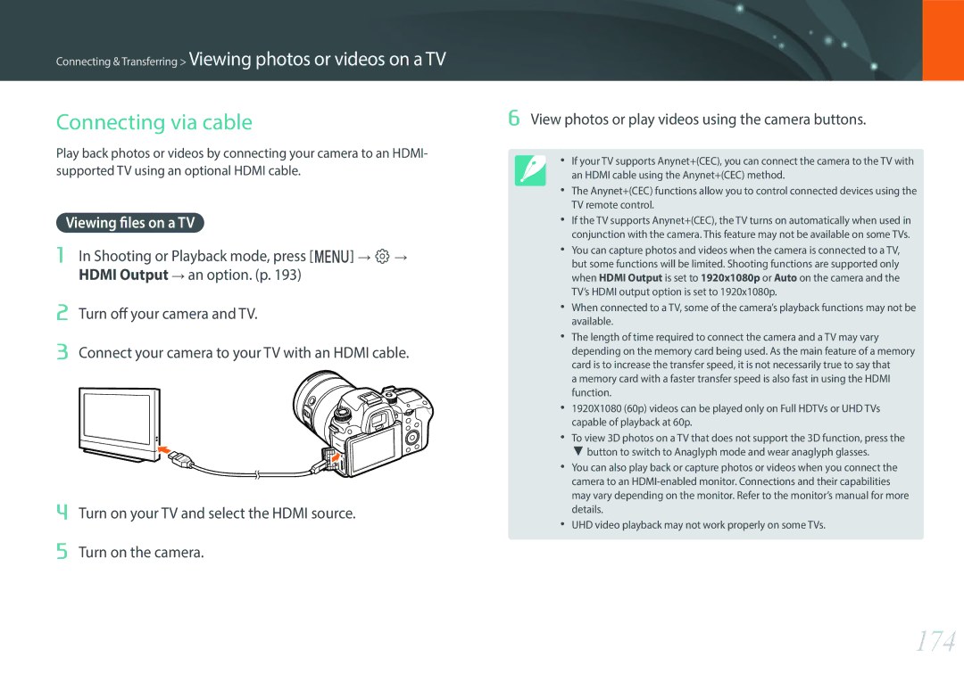 Samsung NX1 user manual 174, Connecting via cable, Viewing files on a TV 