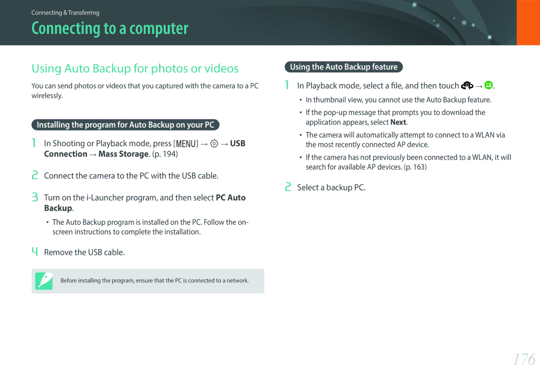 Samsung NX1 Connecting to a computer, 176, Using Auto Backup for photos or videos, Using the Auto Backup feature 