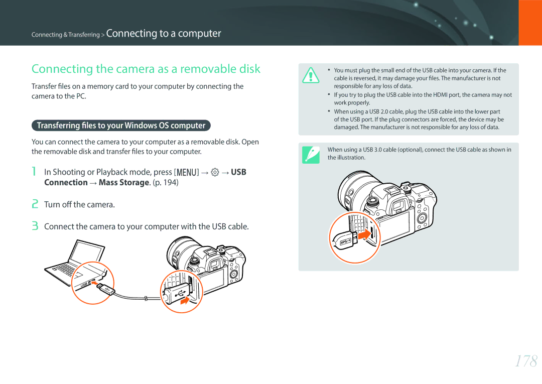 Samsung NX1 user manual 178, Connecting the camera as a removable disk, Transferring files to your Windows OS computer 