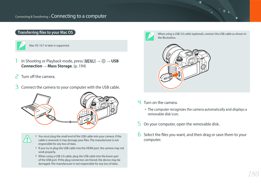 Samsung NX1 user manual 180, Transferring files to your Mac OS 